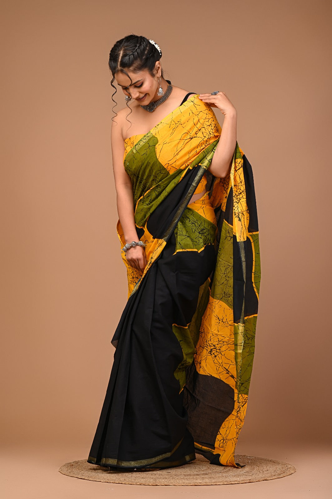 Malaika Ajrakh Print zari border saree