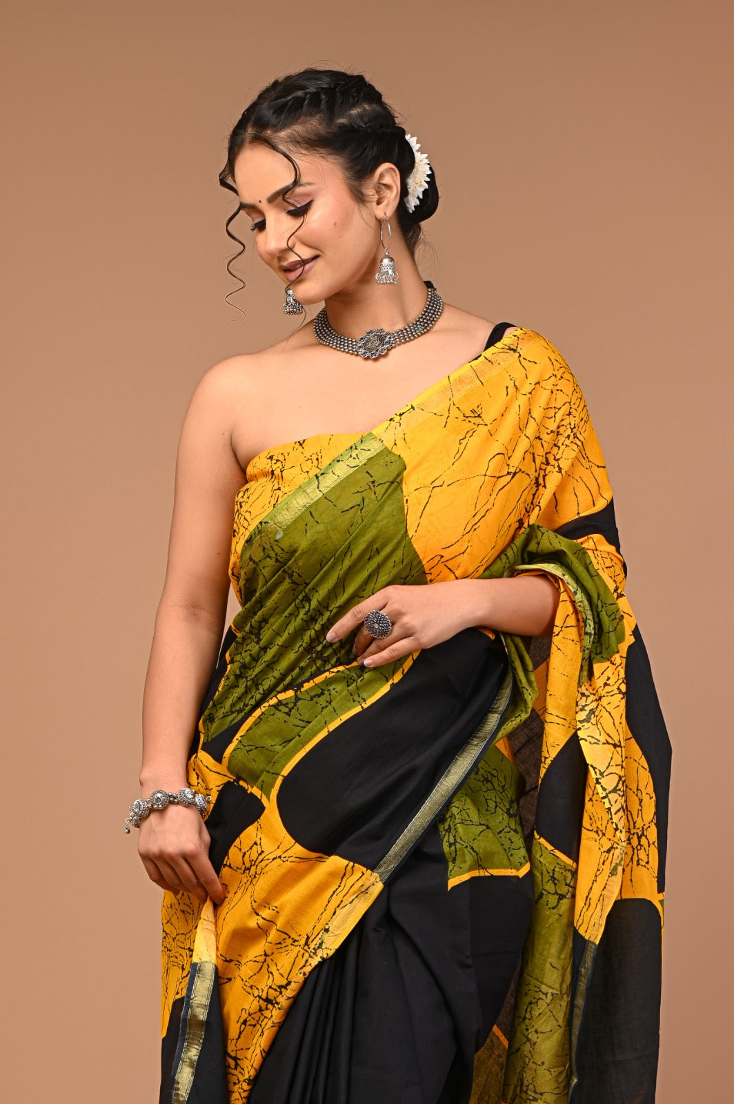 Malaika Ajrakh Print zari border saree