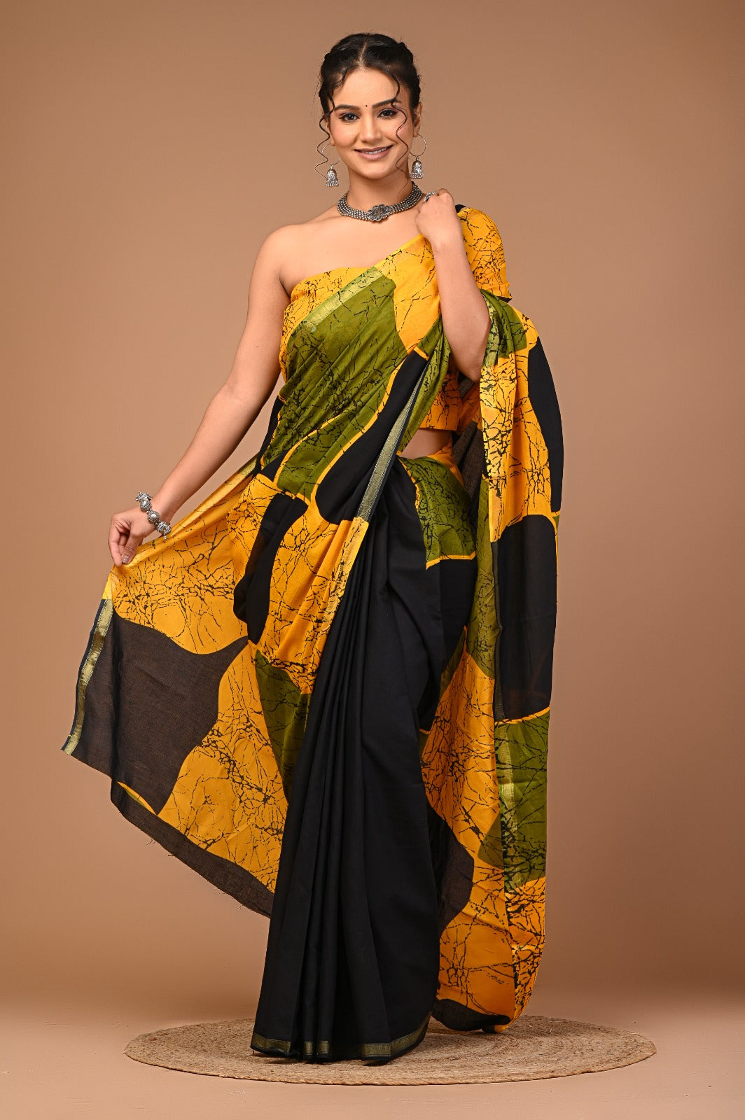 Malaika Ajrakh Print zari border saree