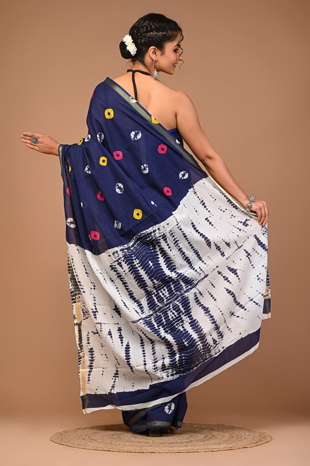 Madhubala Ajrakh print zari border saree