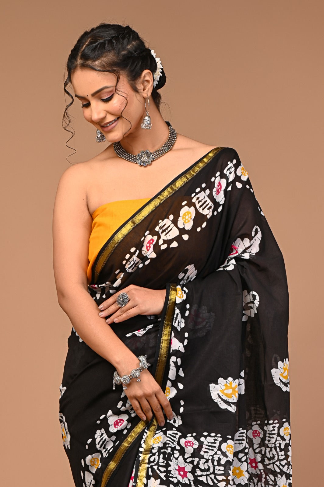 Maya Zari Border Ajrakh Printed Saree