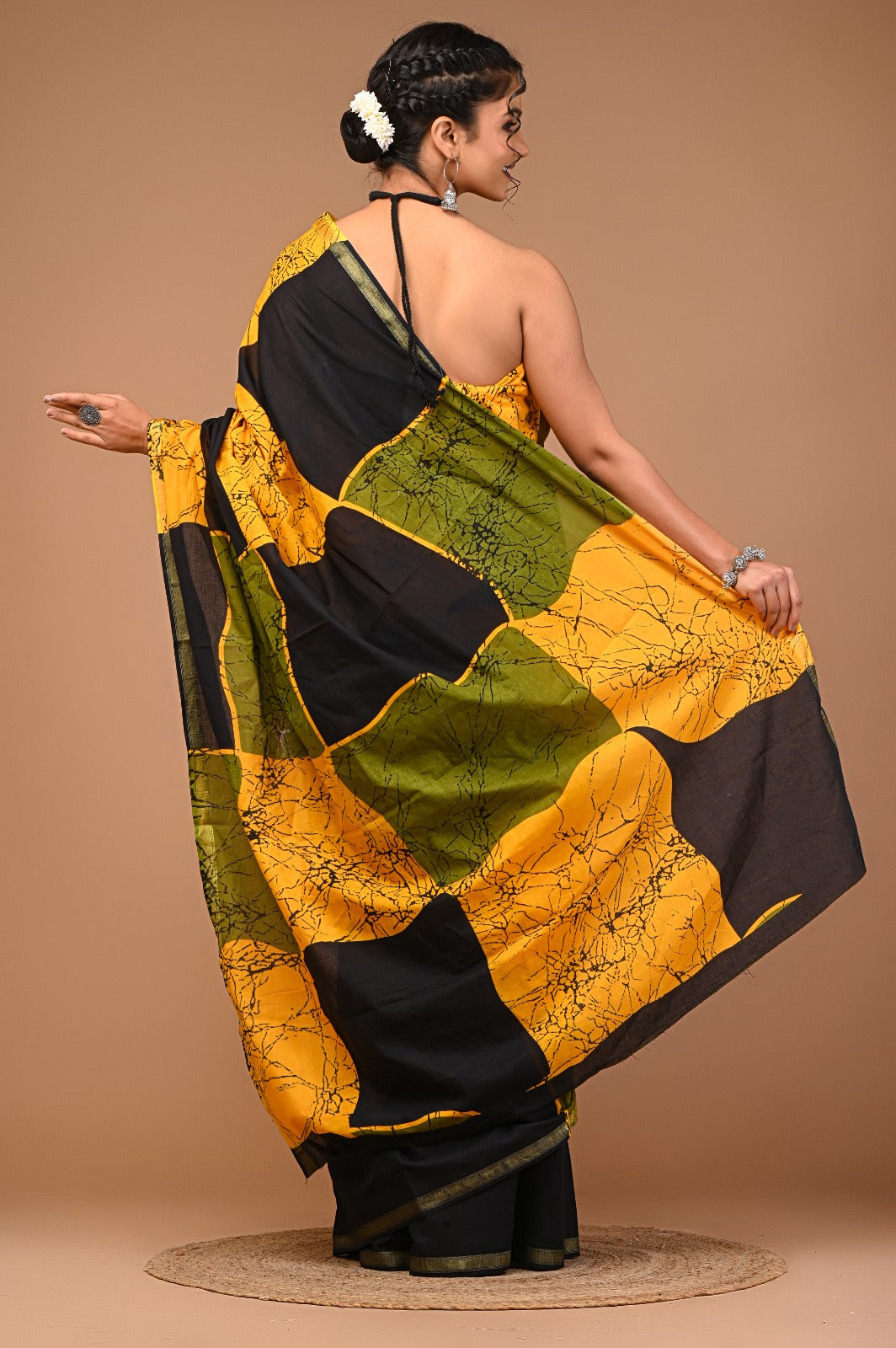 Malaika Ajrakh Print zari border saree
