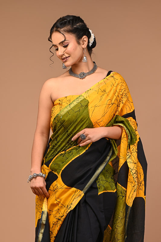 Malaika Ajrakh Print zari border saree