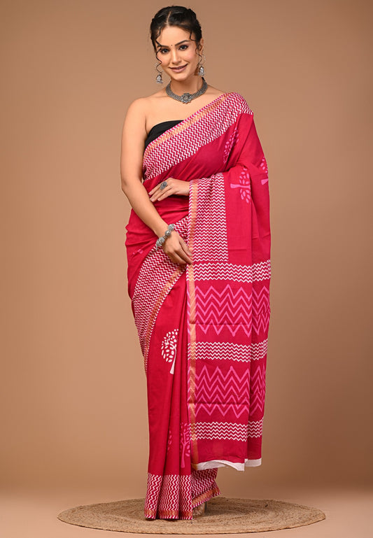 Mahima Blocked Printed, Color Block, Printed, Hand Painted Ikkat Pure Cotton Saree  (Pink)
