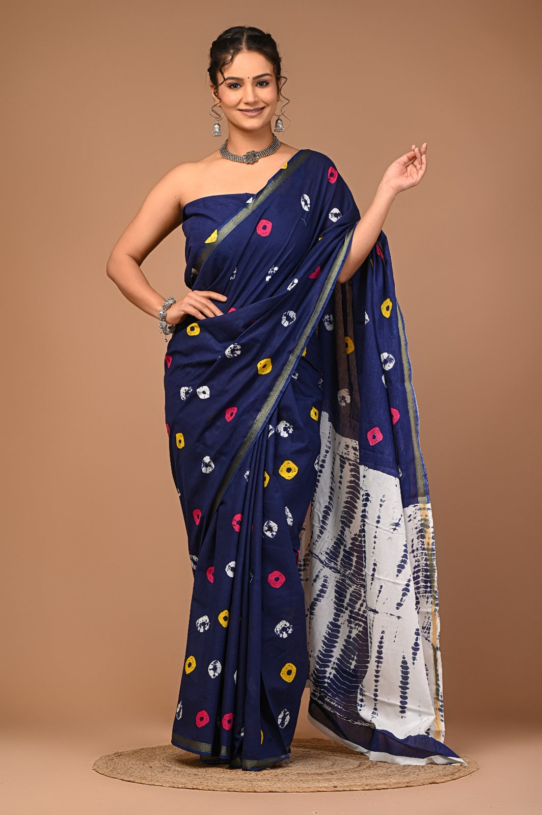 Madhubala Ajrakh print zari border saree