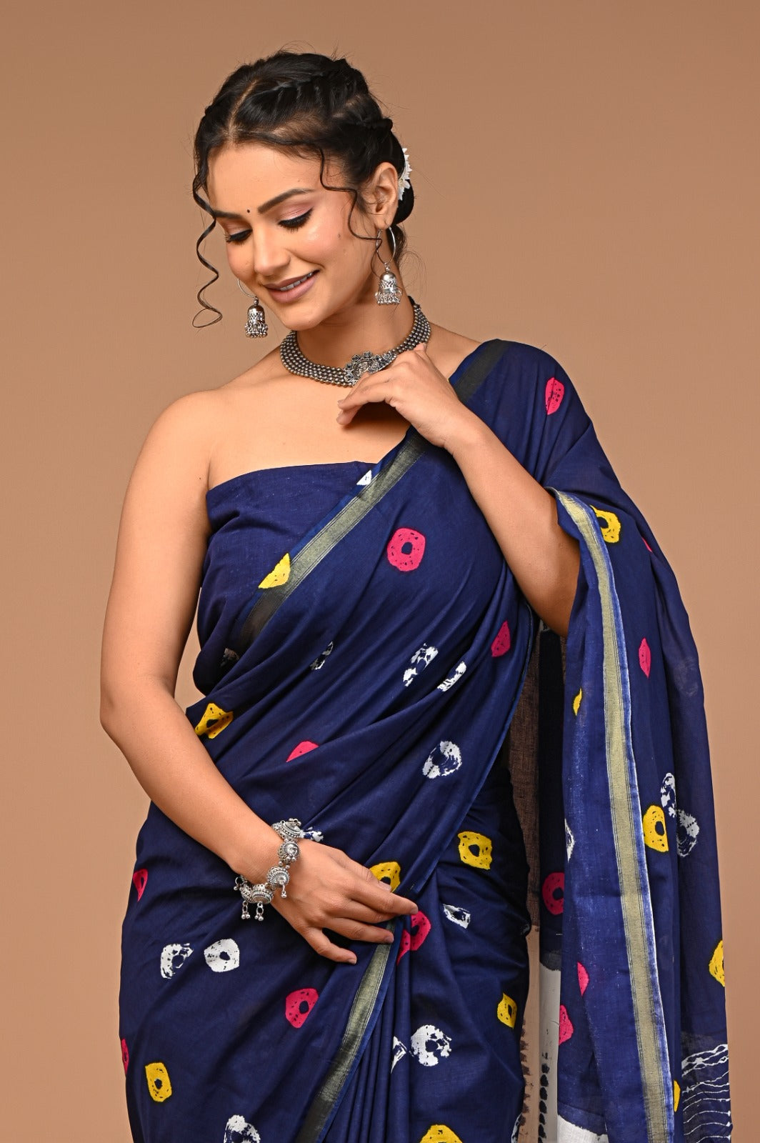 Madhubala Ajrakh print zari border saree